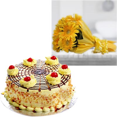 "Round shape cake -1kg , 15 Yellow gerberas flower bunch - Click here to View more details about this Product